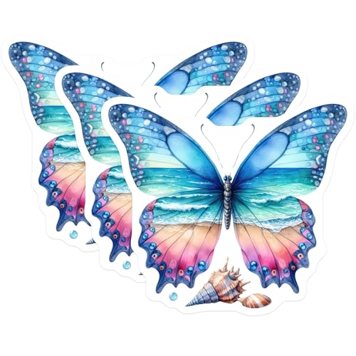 (3 Pack) Butterfly Ocean Scene Decals - Beach Theme Art - Summer Vibes Decal - 3 Inches On Longest Side - Easy Peel & Apply - Made in USA - 3MCS6040