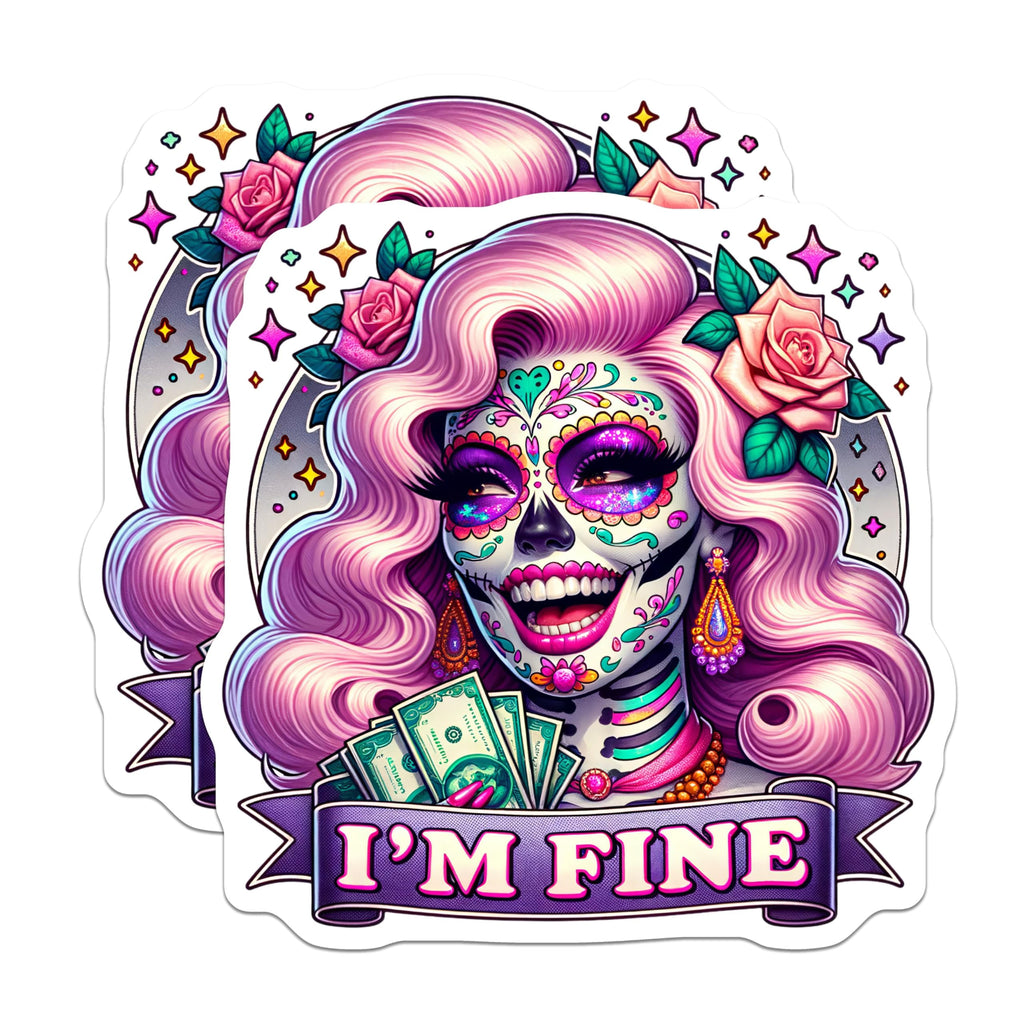 (2 Pack) Day of The Dead Stickers - Sugar Skull Art Stickers - Colorful Skull Stickers Collection - 5" On Longest Side - Sticks to Smooth Flat Surfaces - Made in USA - BMCS5102