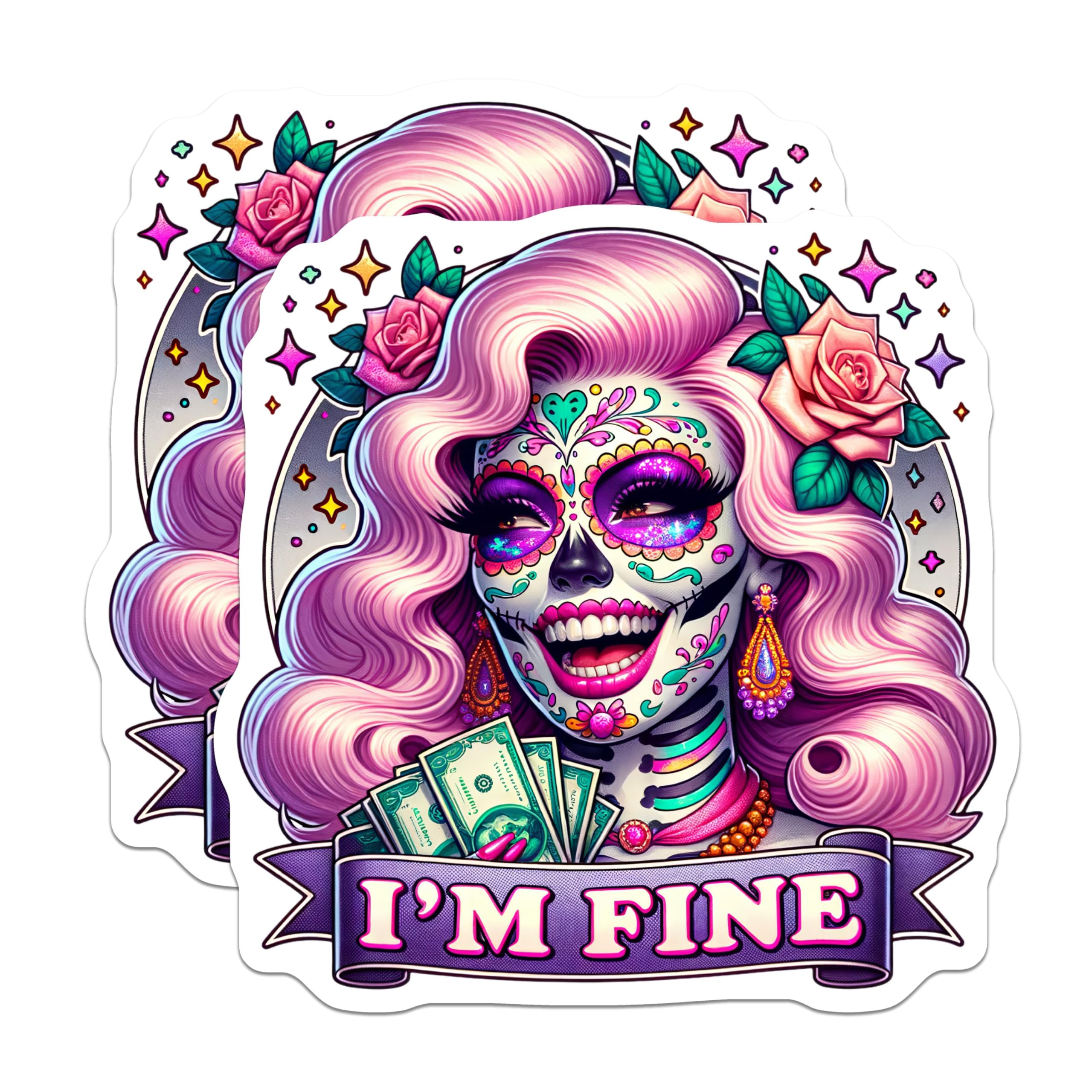 (2 Pack) Day of The Dead Stickers - Sugar Skull Art Stickers - Colorful Skull Stickers Collection - 5" On Longest Side - Sticks to Smooth Flat Surfaces - Made in USA - BMCS5102