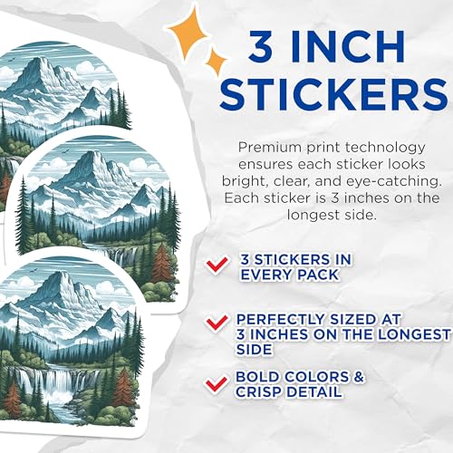 (3 Pack) Mountain Waterfall Decals - Nature Scenery Stickers - Laptop Water Bottle Decal - 3 Inches On Longest Side - Easy Peel & Apply - Made in USA - 3MCS1159