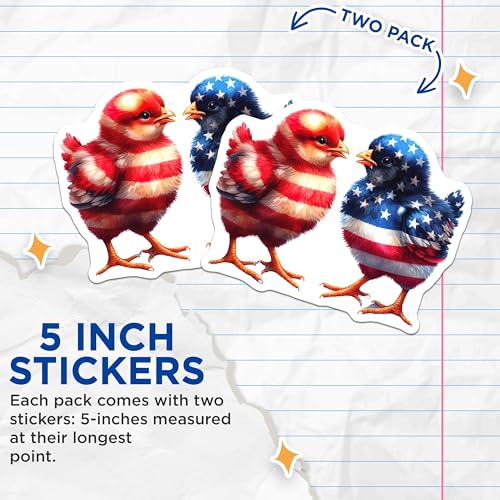 (2 Pack) Patriotic Chick Stickers - American Flag Design - Independence Day Decoration - 5" On Longest Side - Sticks to Smooth Flat Surfaces - Made in USA - BMCS6464