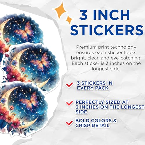 (3 Pack) Butterfly Moon Decals - Floral Celestial Stickers - Boho Laptop Art - 3 Inches On Longest Side - Easy Peel & Apply - Made in USA - 3MCS1171