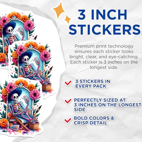 (3 Pack) Day of The Dead Decals - Chill Skeleton - Floral Art Decals - 3 Inches On Longest Side - Easy Peel & Apply - Made in USA - 3MCS8185