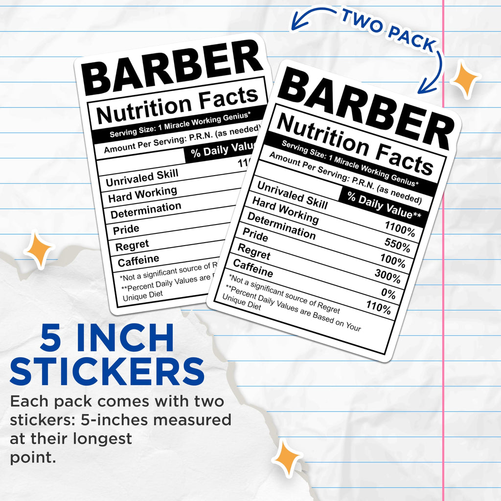 (2 Pack) Barber Nutrition Facts Stickers - Hairdresser Gift - Funny Barber Decal- 5" On Longest Side - Sticks to Smooth Flat Surfaces - Made in USA - BMCS16240