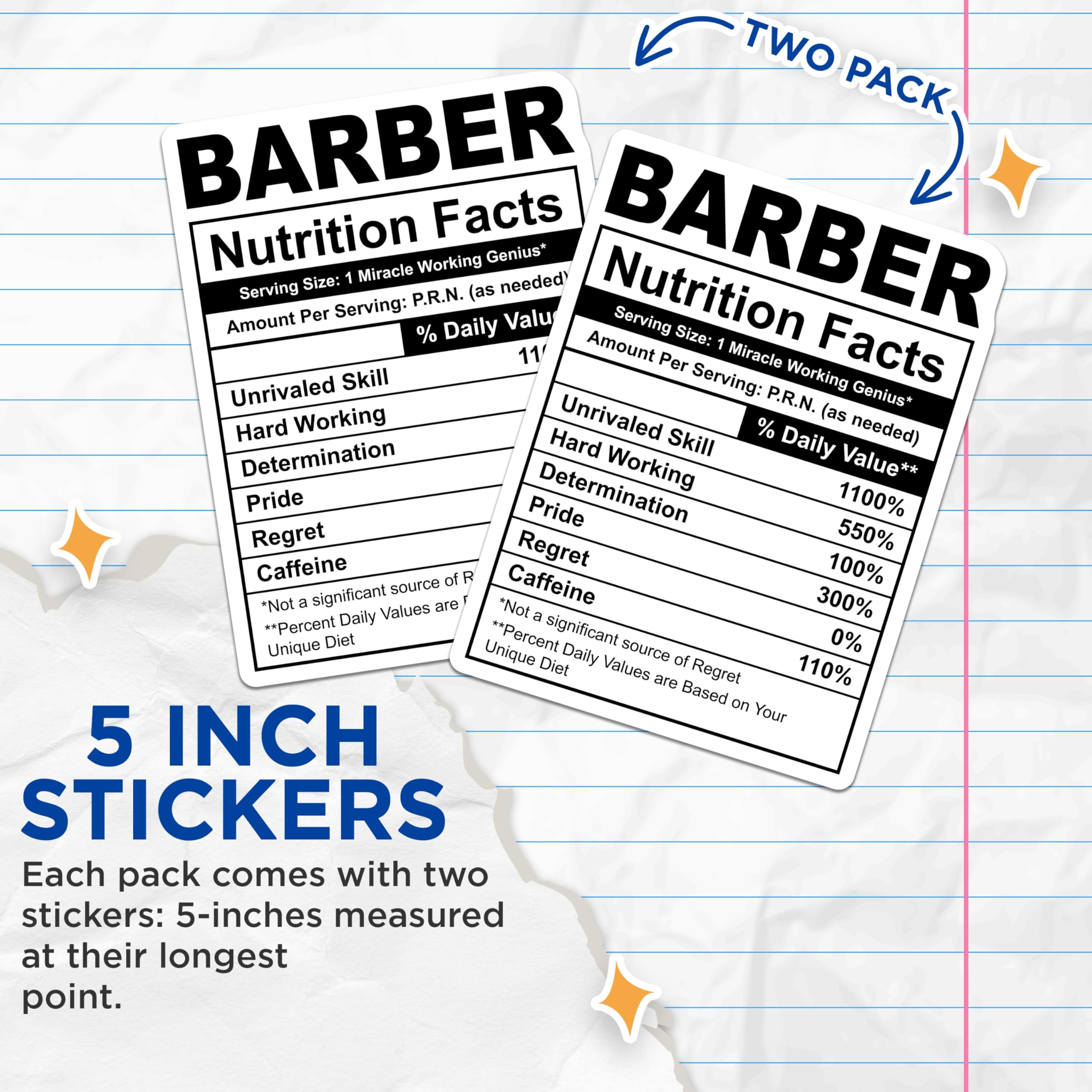 (2 Pack) Barber Nutrition Facts Stickers - Hairdresser Gift - Funny Barber Decal- 5" On Longest Side - Sticks to Smooth Flat Surfaces - Made in USA - BMCS16240