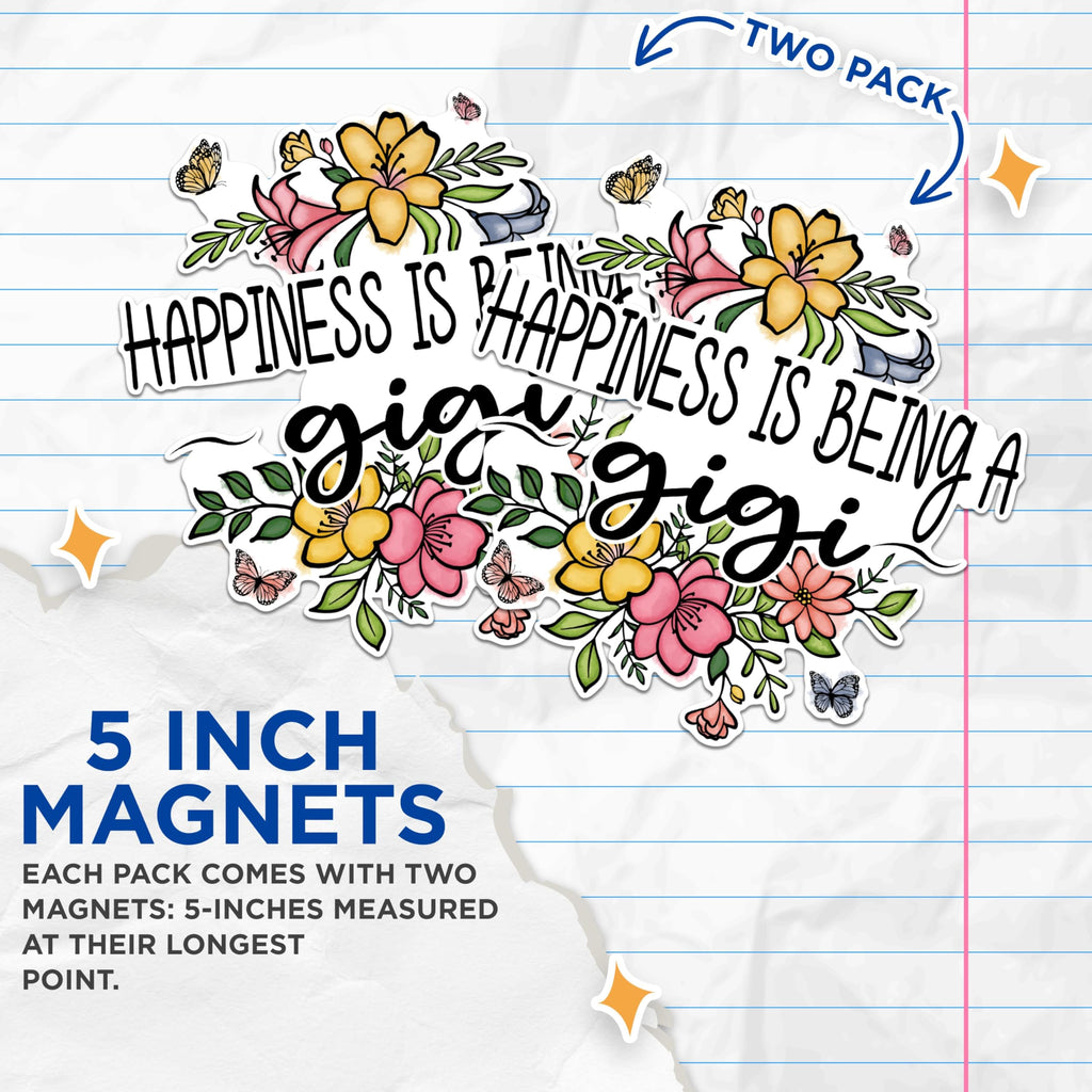 (2 Pack) Happiness is Being A Gigi Magnets - Floral Grandma Magnets - Cute Butterfly Magnets- 5" On Longest Side - for Fridges, Toolboxes, Cars - Made in USA - MAG2945