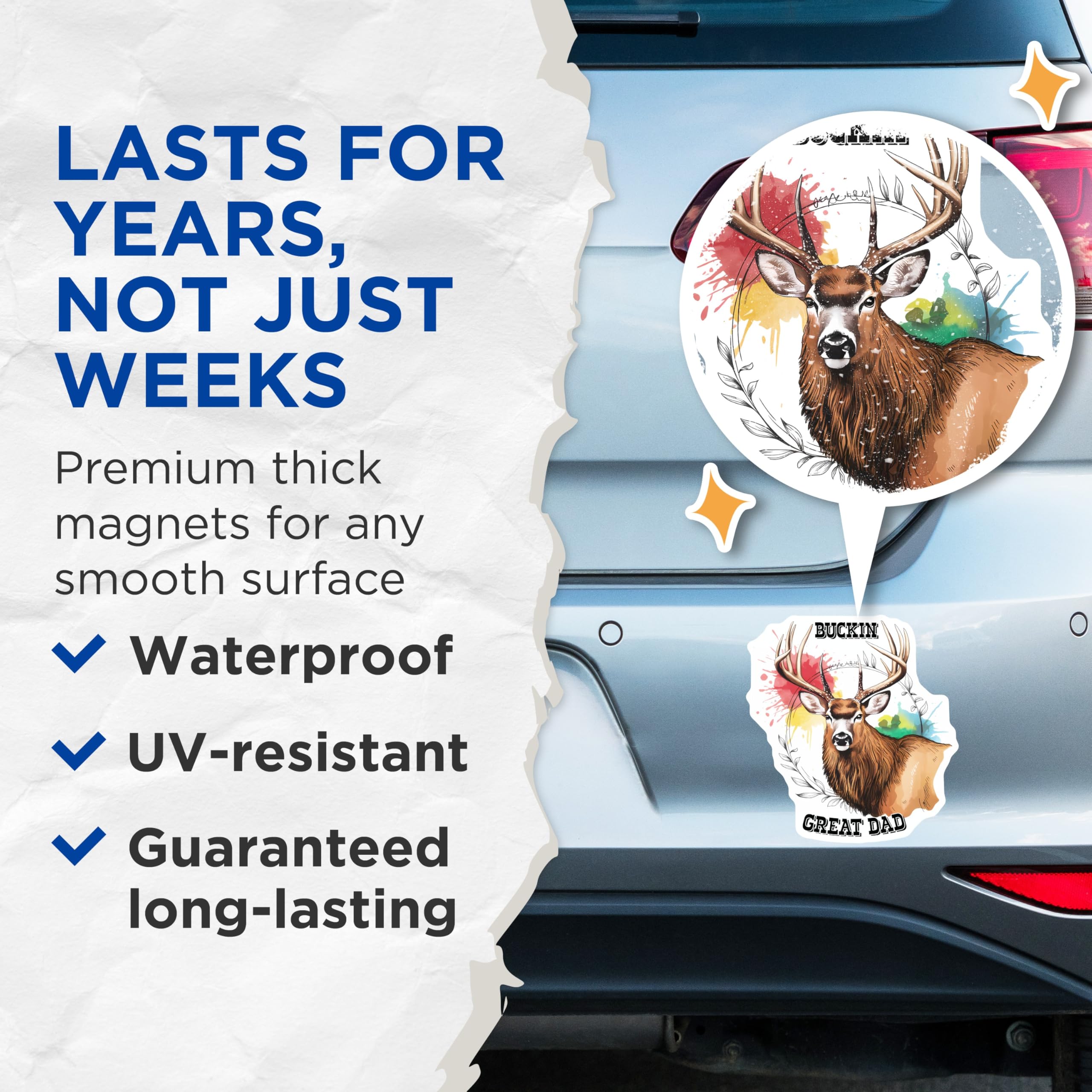 (2 Pack) Buckin Great Dad Magnets - Father's Day - Deer Antlers - 5" On Longest Side - Premium Magnet - for Cars, Refrigerators, Toolboxes, Lockers - Made in USA - MAG15895