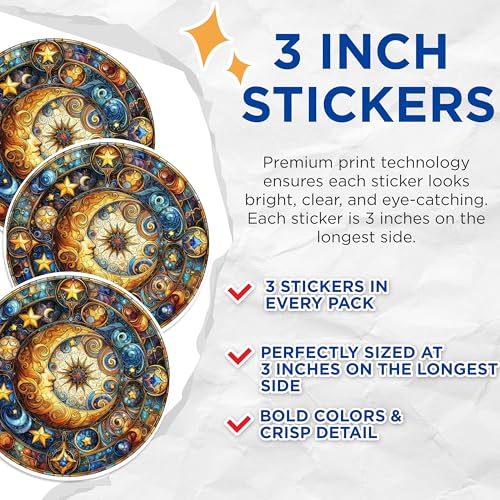 (3 Pack) Moon and Stars Decals - Celestial Sticker Art - Magical Night Sky Decals - 3 Inches On Longest Side - Easy Peel & Apply - Made in USA - 3MCS1002