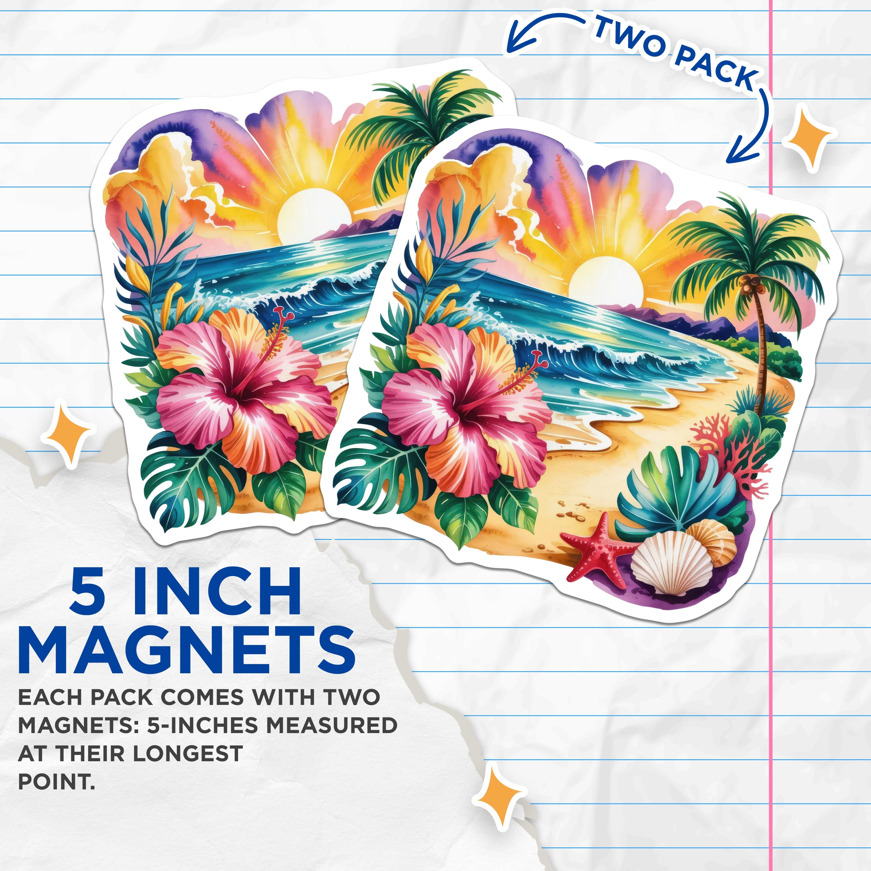 (2 Pack) Tropical Beach Sunset Magnets - Vibrant Ocean View - Hawaiian Floral Decor - Summer Vibes Fridge Locker - 5 Inches On Longest Side - Thick Durable Magnet - Made in USA - MAG36071