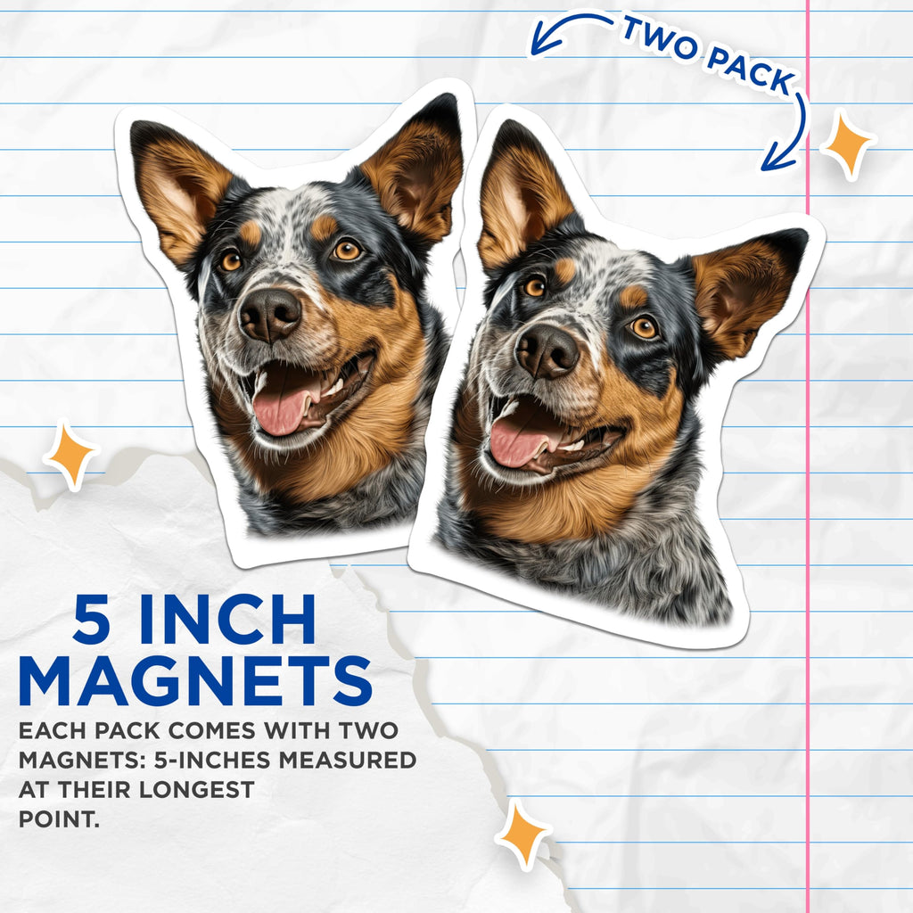 (2 Pack) Blue Heeler Dog Magnets - Australian Cattle Dog Decor - Pet Parent Refrigerator Accessories - 5 Inches On Longest Side - Thick Durable Magnet - Made in USA - MAG25721