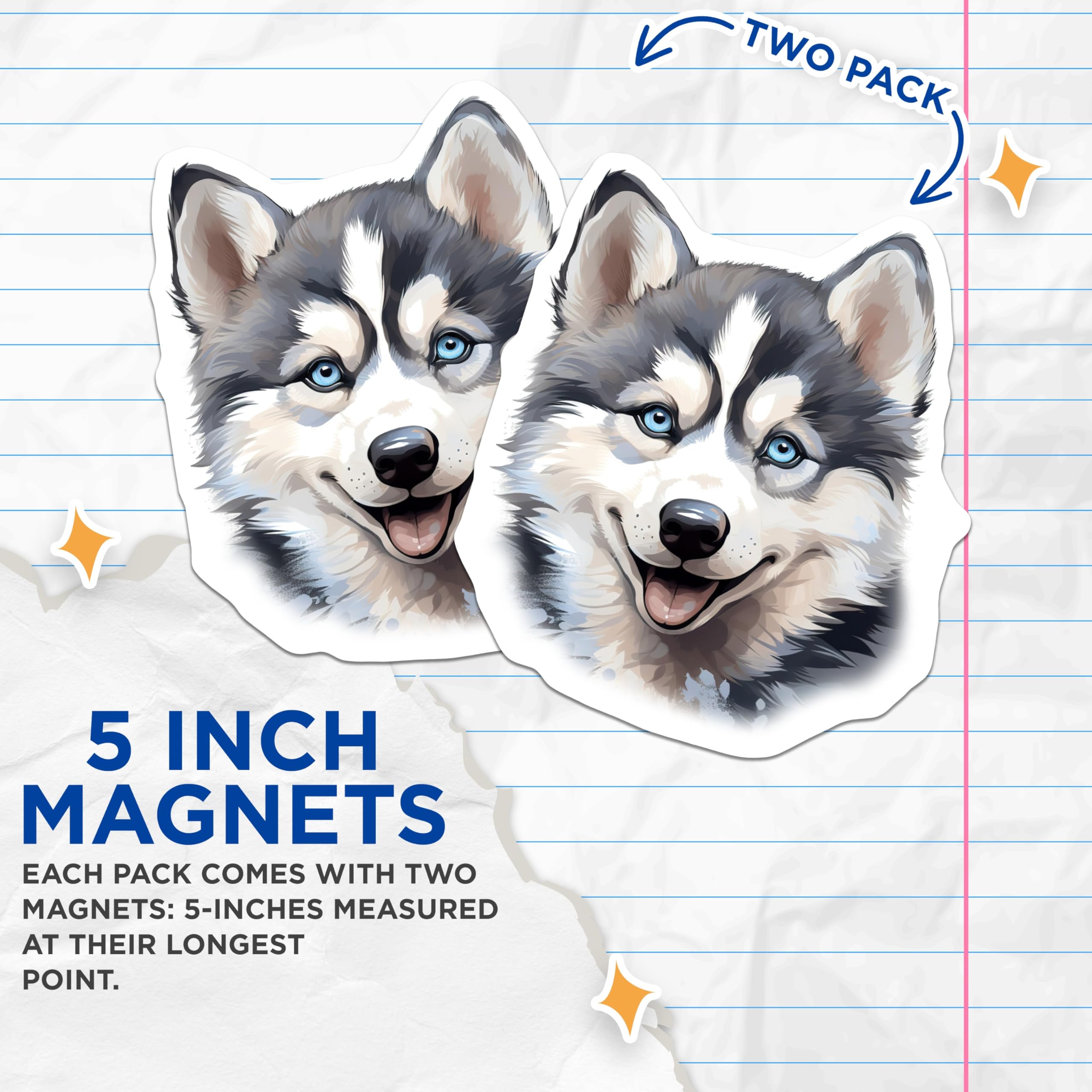 (2 Pack) Cute Husky Dog Magnets - Siberian Husky Pet Lovers - Puppy Animal Fridge Decor - 5 Inches On Longest Side - Thick Durable Magnet - Made in USA - MAG27492