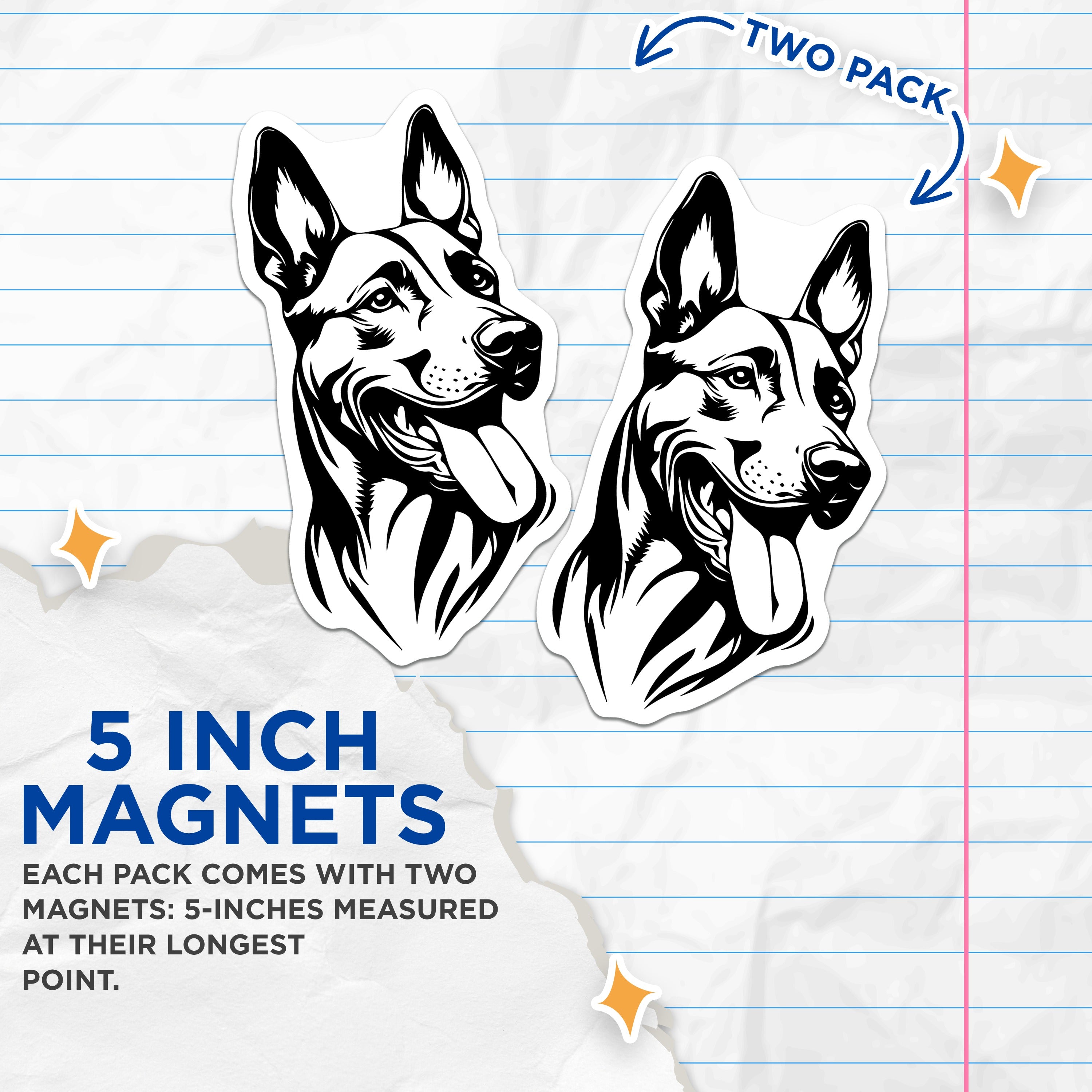 (2 Pack) German Shepherd Dog Magnets - GSD Pet Lover Decor - Black White Canine Art - Dog Parent Fridge Accent - Animal Enthusiast Locker - 5" - Thick Durable Magnet - Made in USA - MAG39325