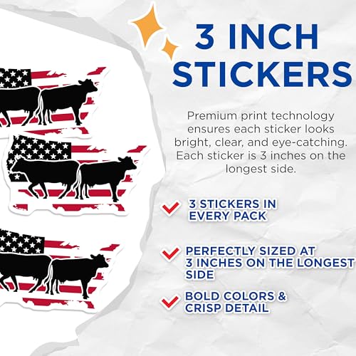 (3 Pack) Cow USA Flag Decals - American Cattle Decal - Patriotic Farmer Decals - 3 Inches On Longest Side - Easy Peel & Apply - Made in USA - 3MCS4594