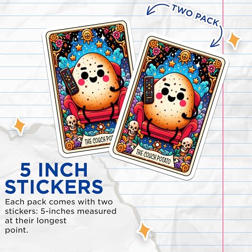 (2 Pack) Couch Potato Stickers - Cute Potato Stickers - Funny Remote Control Stickers - 5" On Longest Side - Sticks to Smooth Flat Surfaces - Made in USA - BMCS4640