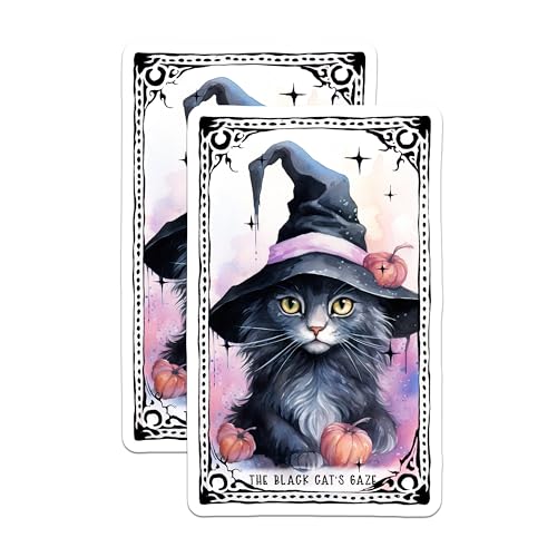 (2 Pack) Black Cat Gaze Stickers - Witch Hat Cat Stickers - Halloween Pumpkin Stickers - 5" On Longest Side - Sticks to Any Smooth Flat Surface - Made in USA - BMCS3587