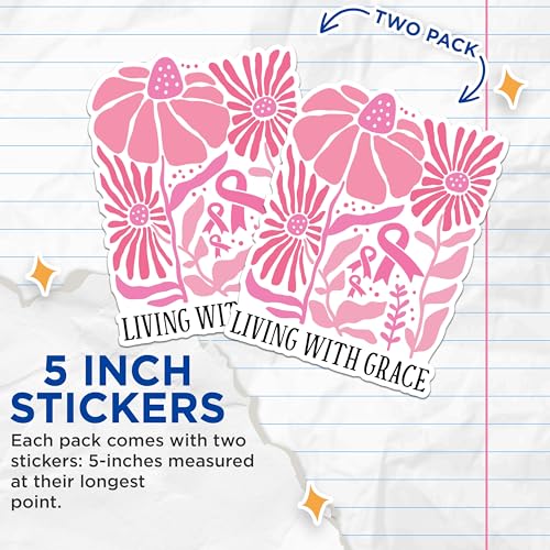 (2 Packs) Living with Grace Stickers - Breast Cancer Awarness Decals - 5 Inches On Longest Side - Premium Vinyl Decal - Sticks to Any Smooth Flat Surface - Made in USA - BMCS2451