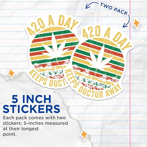 (2 Pack) 420 A Day Keeps Doctor Away Stickers - Cannabis Humor Stickers - Funny Weed Quotes Stickers - 5" On Longest Side - Sticks to Smooth Flat Surfaces - Made in USA - BMCS4669