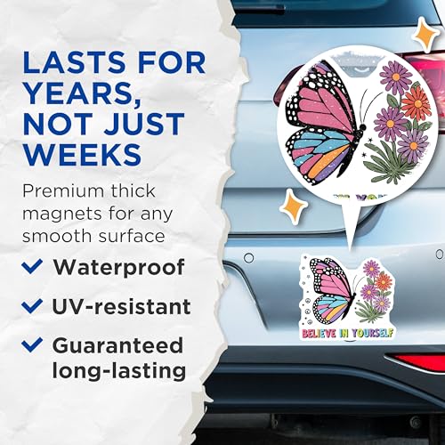 (2 Pack) Butterfly and Flower Magnets - Inspirational Quote - Colorful Butterfly - Believe in Yourself - 5" On Longest Side - for Cars, Fridges, Toolboxes - Made in USA - MAG4559