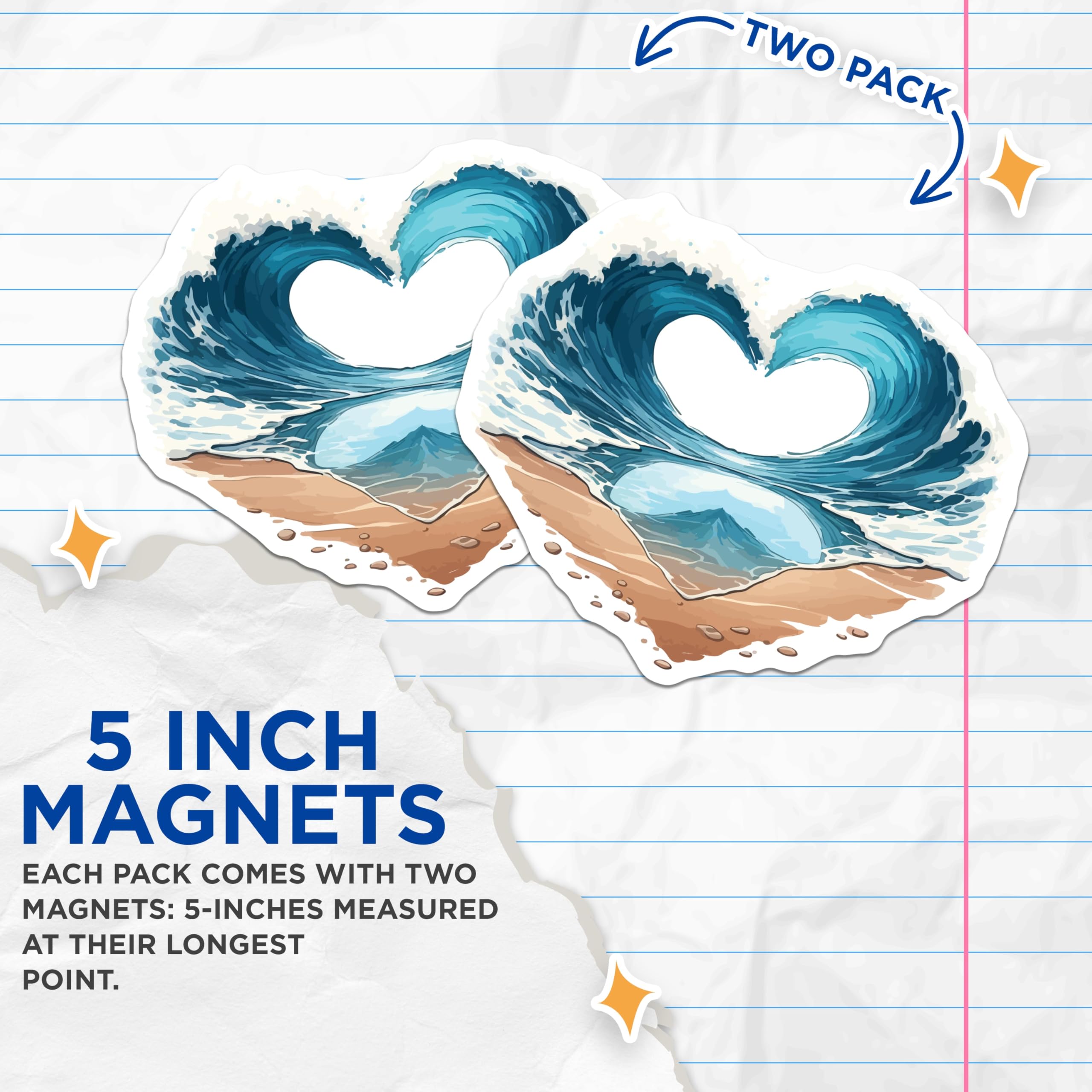 (2 Pack) Heart Wave Ocean Magnets - Beach Love Summer Aesthetic Decor - Coastal Home Fridge Accent - Sea Lover Souvenir - 5 Inches On Longest Side - Thick Durable Magnet - Made in USA - MAG19693