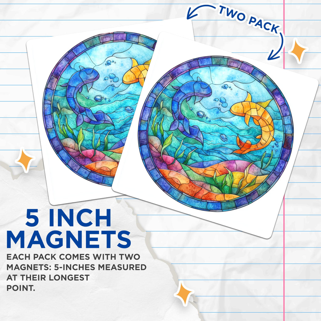 (2 Pack) Stained Glass Fish Magnets - Watercolor Ocean Decor - Aquatic Animal Fridge Art - 5 Inches On Longest Side - Thick Durable Magnet - Made in USA - MAG25323