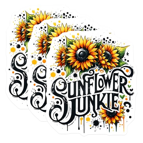 (3 Pack) Sunflower Junkie Decals - Floral Design - Laptop Decal - 3 Inches On Longest Side - Easy Peel & Apply - Made in USA - 3MCS6736