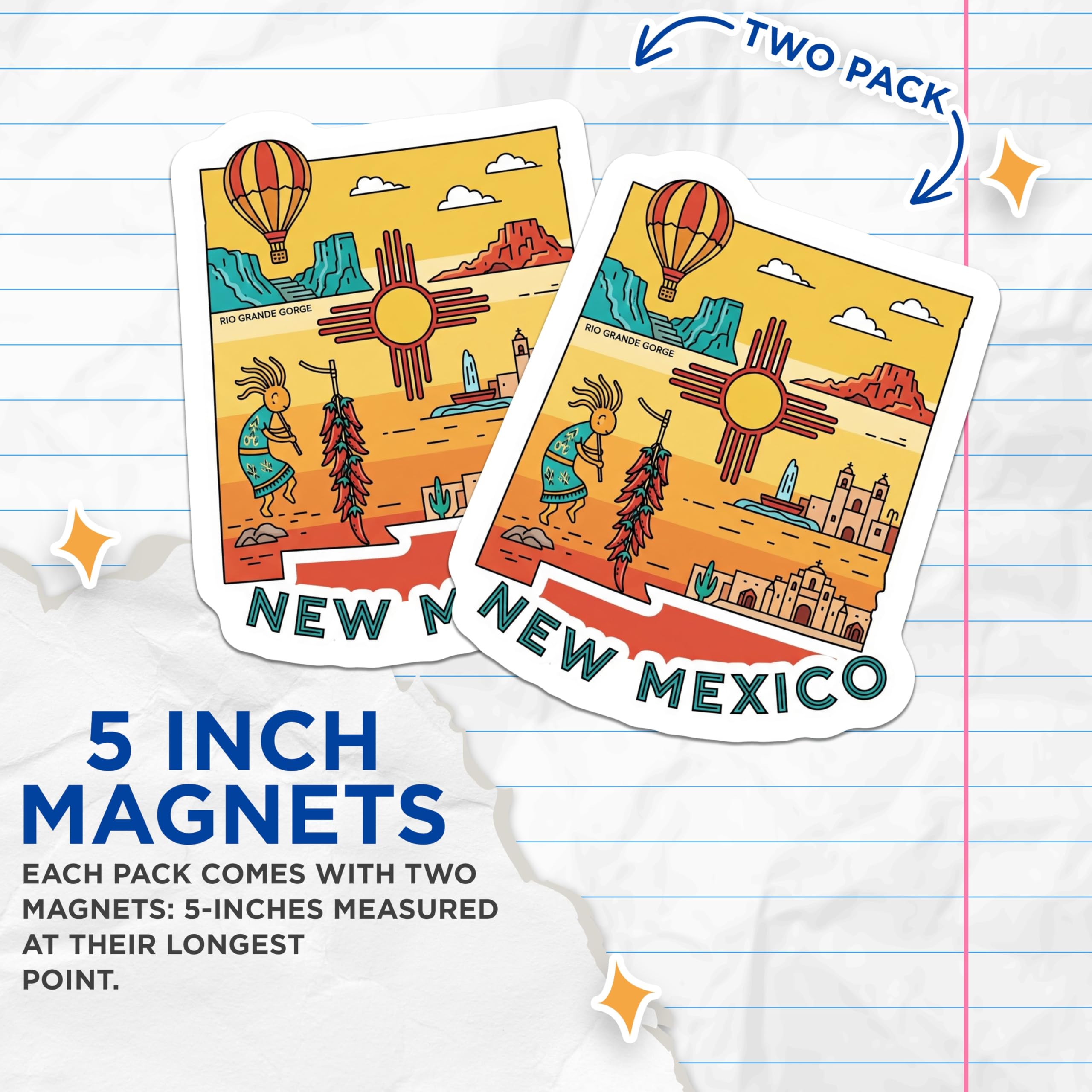 (2 Pack) New Mexico Magnets - State Outline Decor - Zia Kokopelli Hot Air Balloon - 5 Inches On Longest Side - Thick Durable Magnet - Made in USA - MAG19402