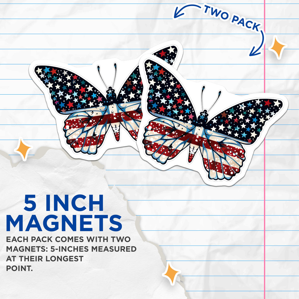 (2 Pack) Patriotic Butterfly Magnets - American Flag Fridge Decor - Independence Day Celebration Car Magnet - 5 Inches On Longest Side - Thick Durable Magnet - Made in USA - MAG38726
