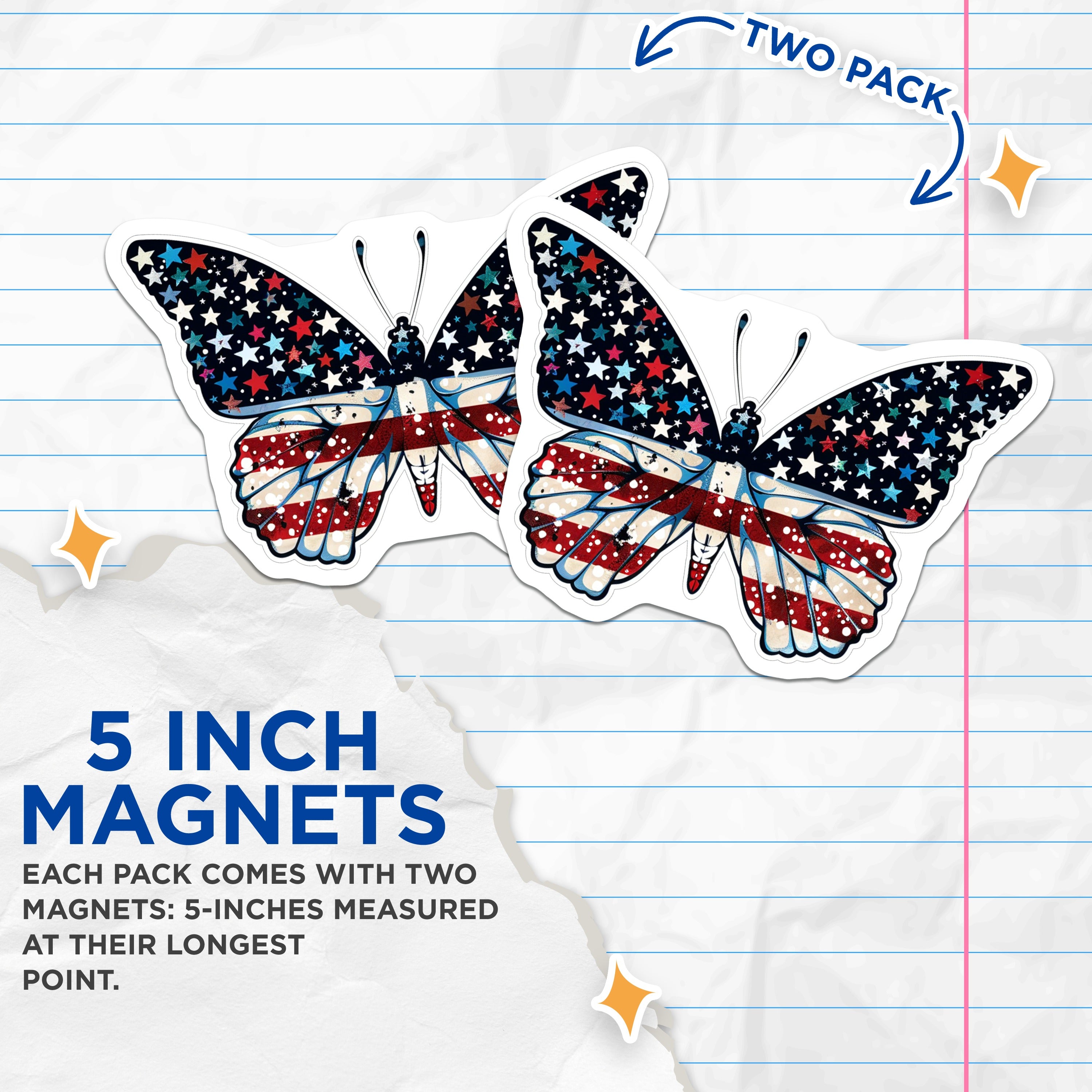(2 Pack) Patriotic Butterfly Magnets - American Flag Fridge Decor - Independence Day Celebration Car Magnet - 5 Inches On Longest Side - Thick Durable Magnet - Made in USA - MAG38726