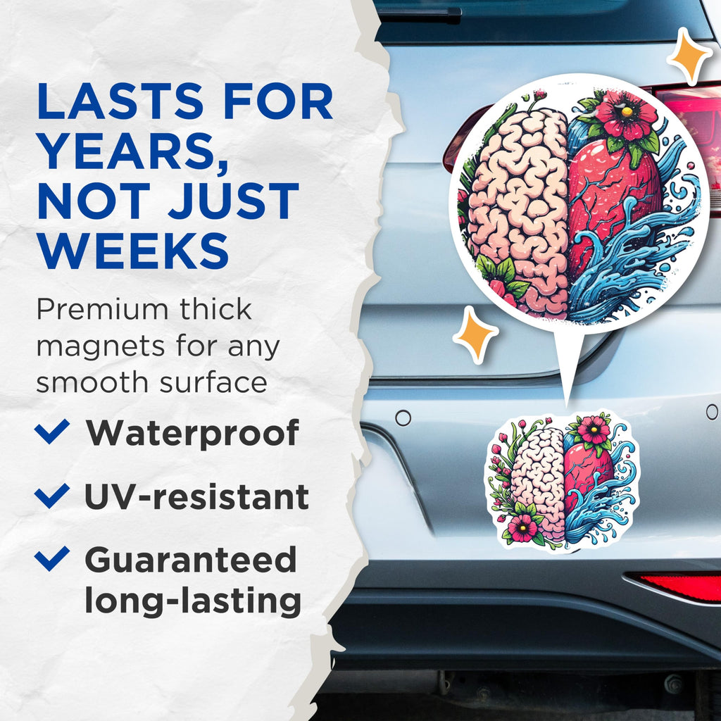 (2 Pack) Brain Heart Magnets - Mindful Emotion Art Decor - Intellectual Scientific Floral Design Display for Fridge Locker - 5 Inches On Longest Side - Thick Durable Magnet - Made in USA - MAG19569