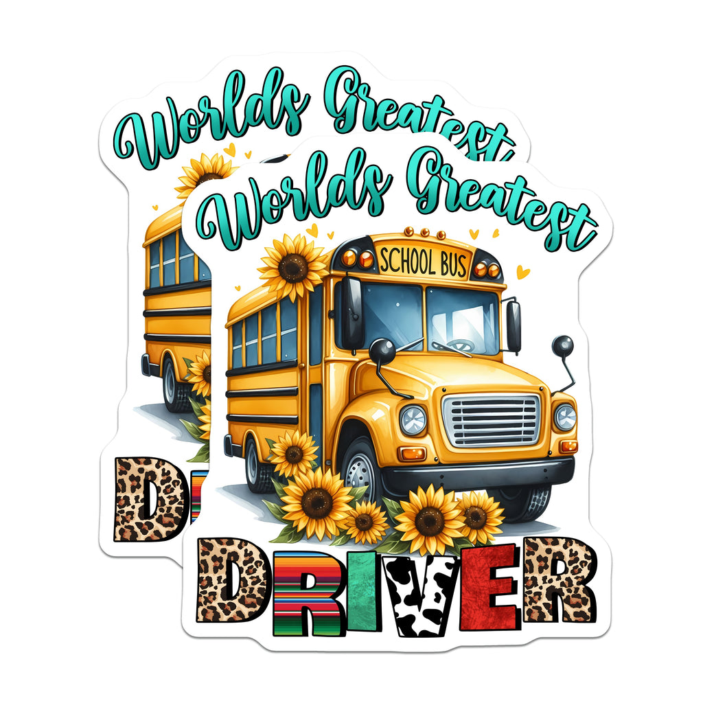 (2 Pack) World's Greatest School Bus Driver Magnets - School Bus Appreciation - Sunflower Leopard Print - Cow Serape Design - 5 Inches On Longest Side - Thick Durable Magnet - Made in USA - MAG36448