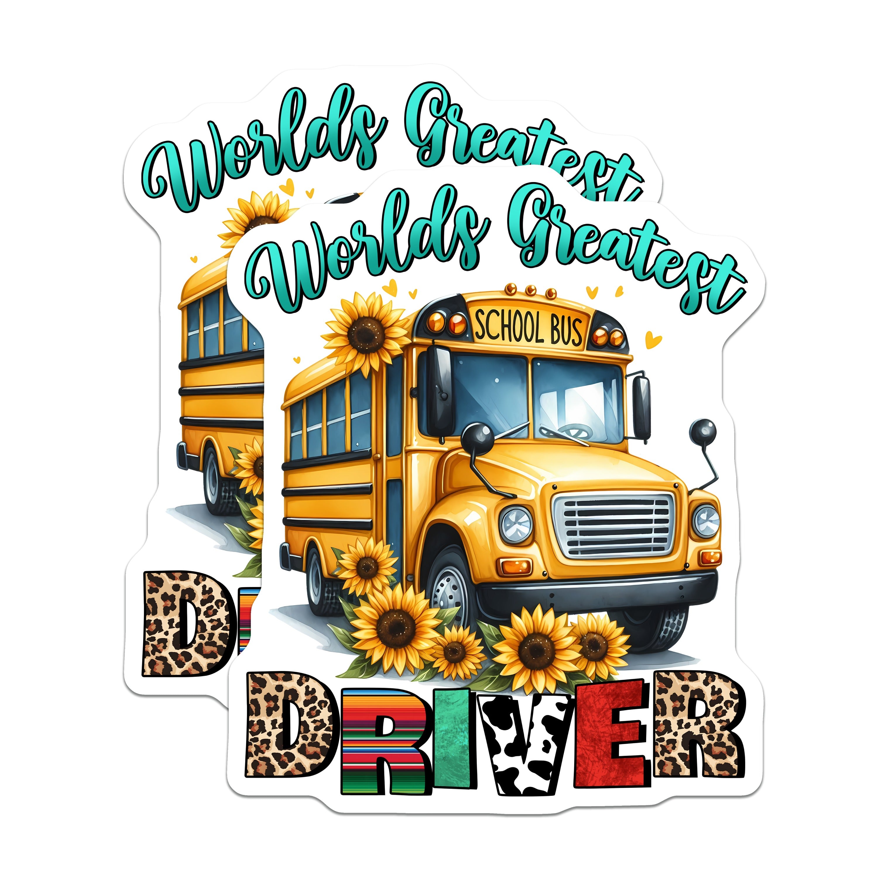 (2 Pack) World's Greatest School Bus Driver Magnets - School Bus Appreciation - Sunflower Leopard Print - Cow Serape Design - 5 Inches On Longest Side - Thick Durable Magnet - Made in USA - MAG36448