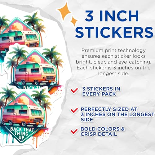 (3 Pack) Retro Camper Decals - Back That Thing Up - Tropical Decals- 3 Inches On Longest Side - Easy Peel & Apply - Made in USA - 3MCS5649