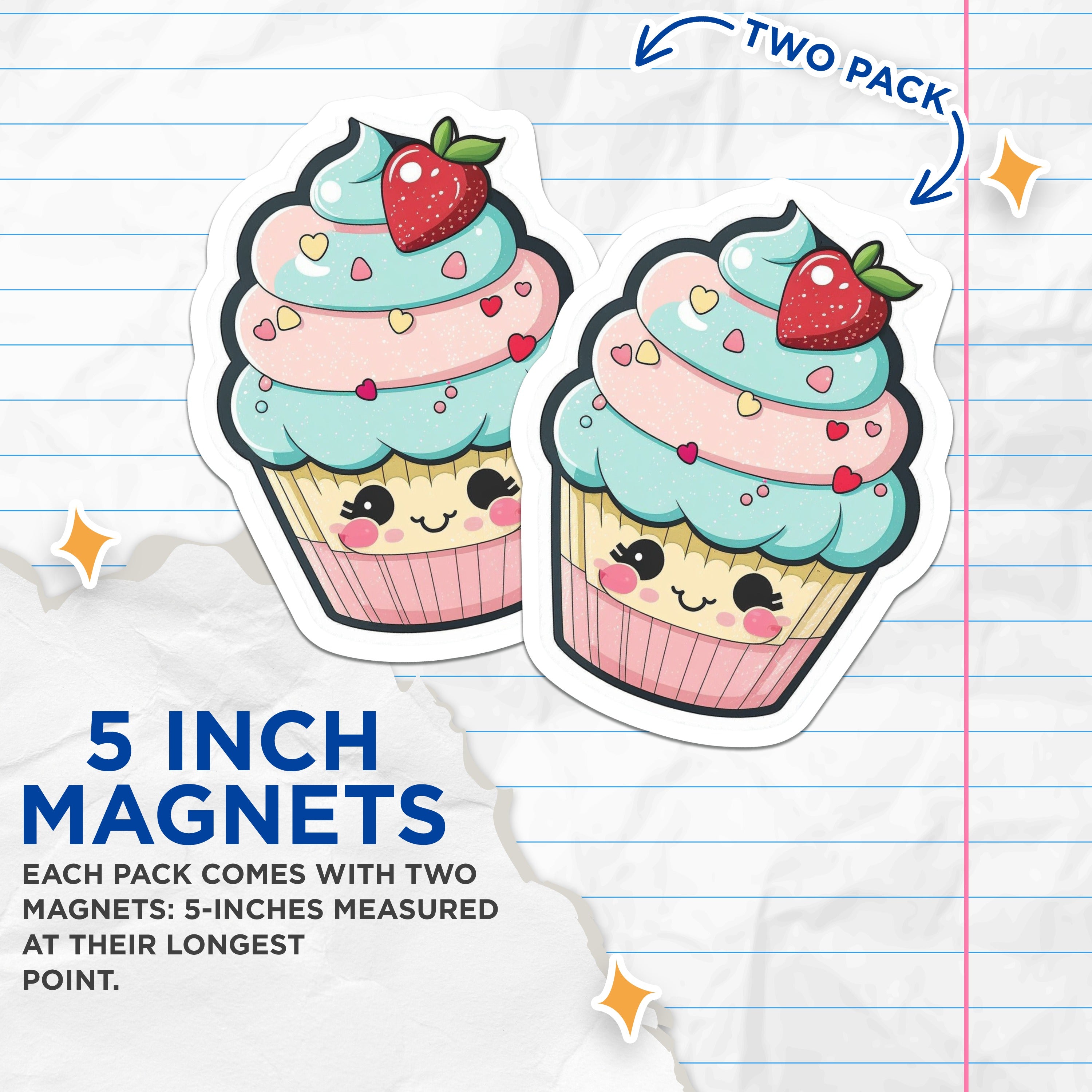 (2 Pack) Kawaii Cupcake Magnets - Cute Strawberry Dessert - Pastel Sweet Treat Decor for Kitchen Fridge - 5 Inches On Longest Side - Thick Durable Magnet - Made in USA - MAG38325