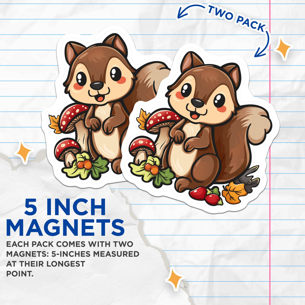 (2 Pack) Cute Squirrel Magnets - Woodland Animal - Autumn Fall Decor - Kawaii Kitchen Fridge Accessory - 5 Inches On Longest Side - Thick Durable Magnet - Made in USA - MAG38293