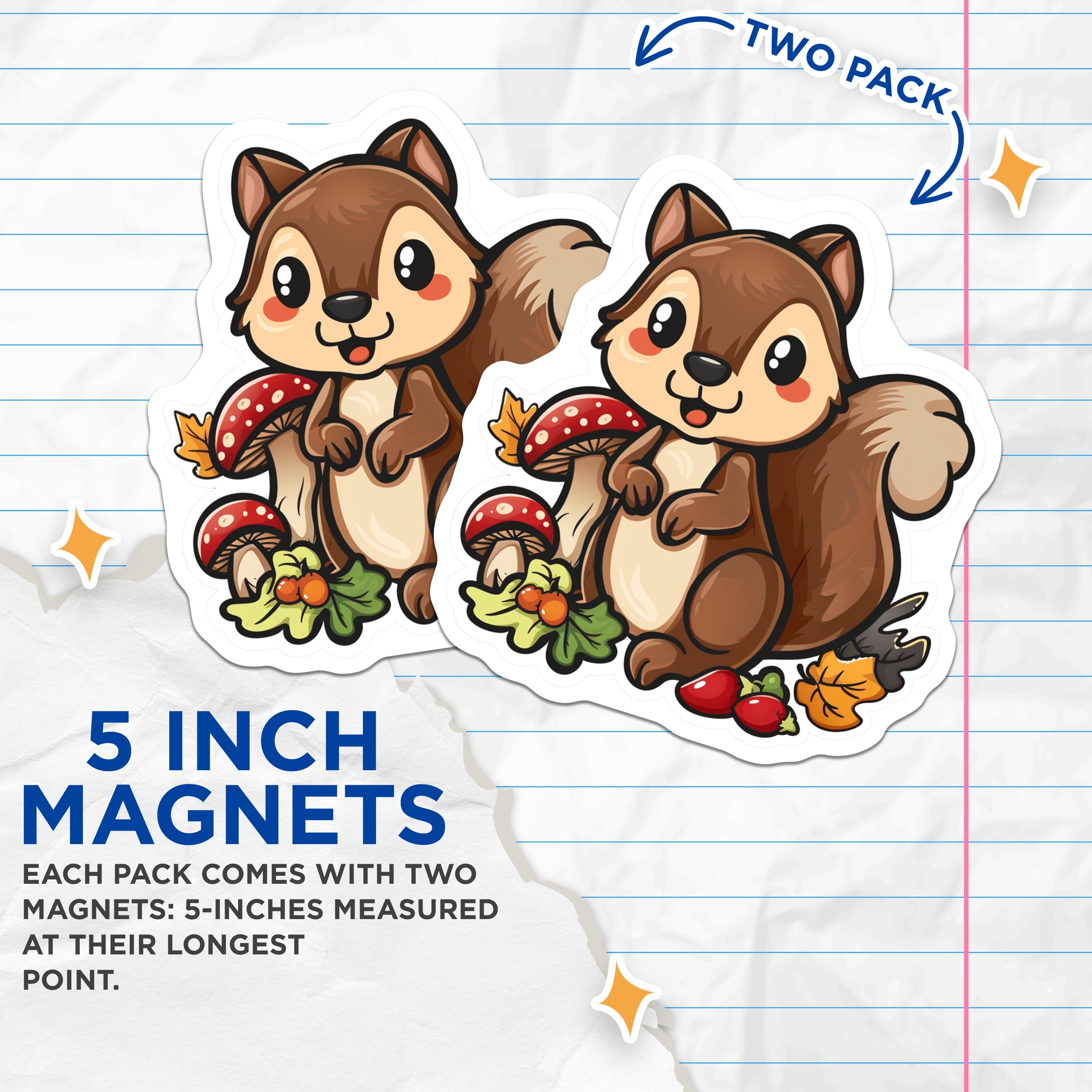 (2 Pack) Cute Squirrel Magnets - Woodland Animal - Autumn Fall Decor - Kawaii Kitchen Fridge Accessory - 5 Inches On Longest Side - Thick Durable Magnet - Made in USA - MAG38293