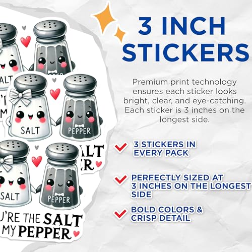 (3 Pack) Salt and Pepper Decals - Cute Couple Stickers - You are The Salt to My Pepper - 3 Inches On Longest Side - Easy Peel & Apply - Made in USA - 3MCS2337