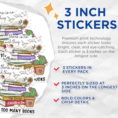 (3 Pack) Book Lover Decals - Classic Novels - Bibliophile Laptop Decal - 3 Inches On Longest Side - Easy Peel & Apply - Made in USA - 3MCS1805