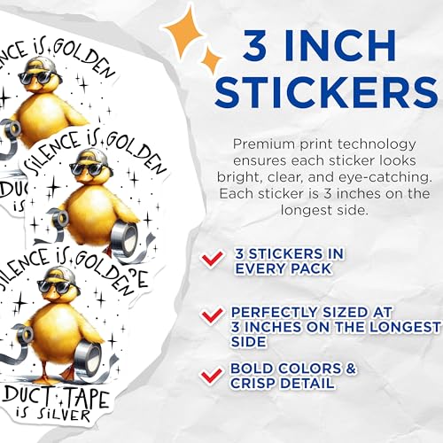 (3 Pack) Duck Duct Tape Decals - Funny Duck Art - Silence is Golden Saying - 3 Inches On Longest Side - Easy Peel & Apply - Made in USA - 3MCS4078