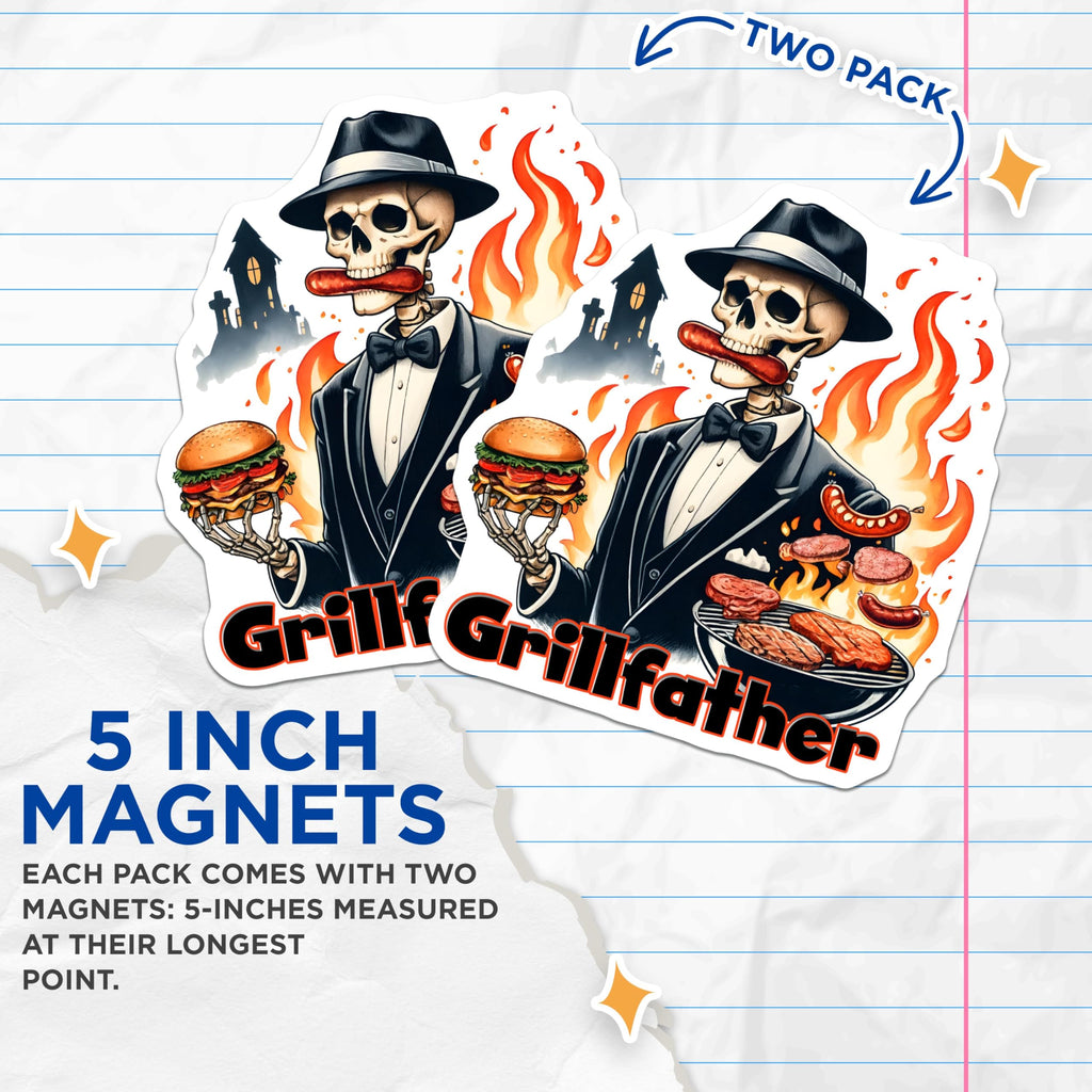(2 Pack) Grillfather Magnets - Skeleton with Grill Art - Funny BBQ Decor - Spooky Cookout - Halloween Party Ideas - 5" On Longest Side - for Cars, Fridges, Toolboxes - Made in USA - MAG7456