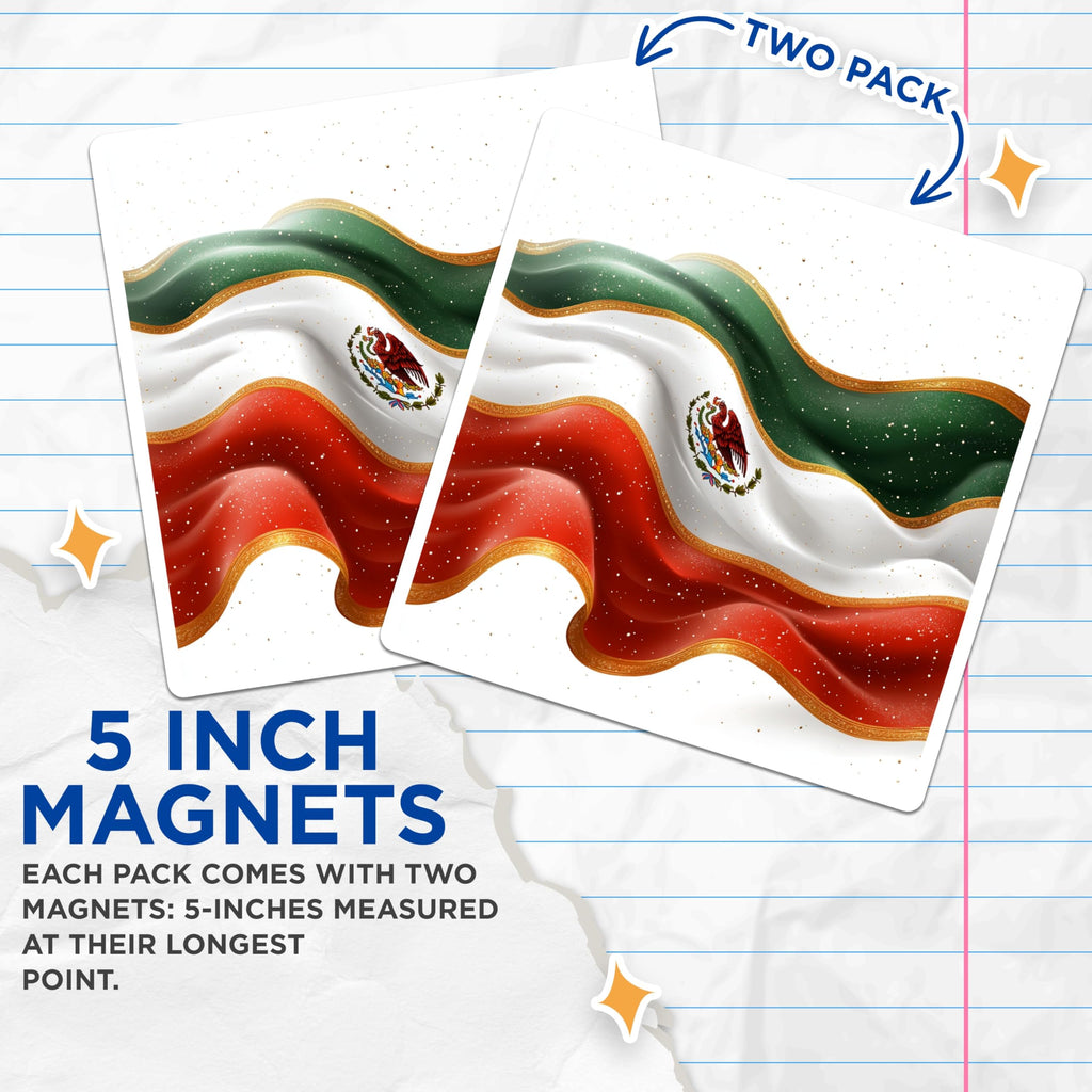 (2 Pack) Mexican Flag Magnets - Mexico Patriotic Decor - Cultural Pride Refrigerator Magnets - 5 Inches On Longest Side - Thick Durable Magnet - Made in USA - MAG28016