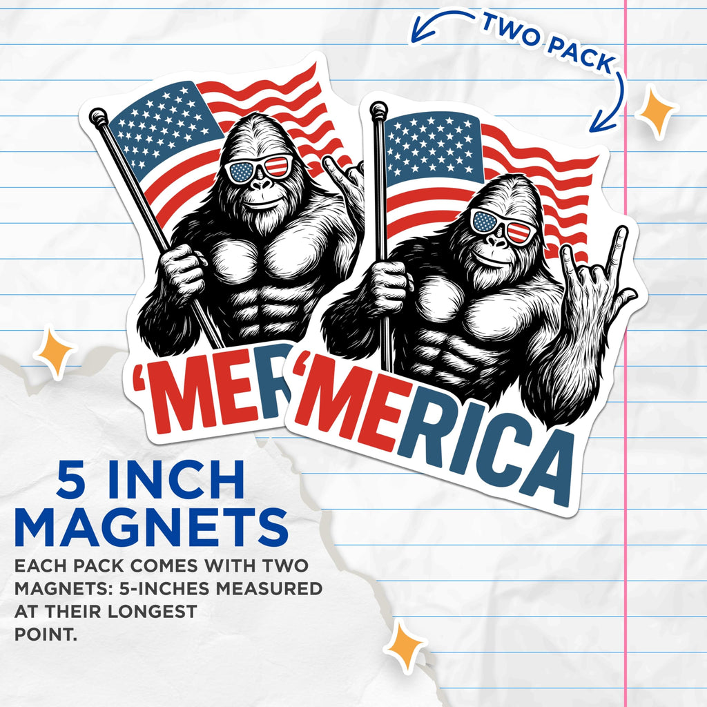 (2 Pack) Merica Bigfoot Magnets - Patriotic Sasquatch Decor - USA Flag Rocker Fridge - Fourth of July Accents - 5 Inches On Longest Side - Thick Durable Magnet - Made in USA - MAG20547