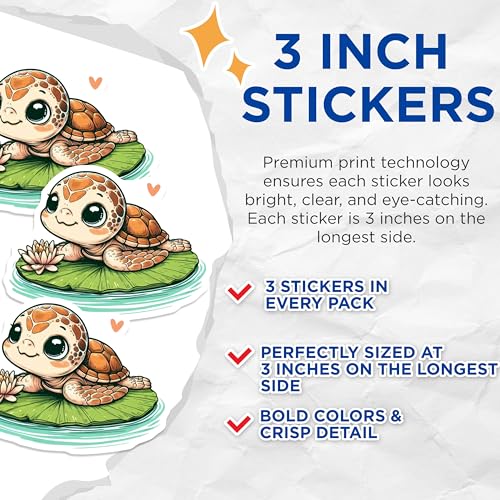 (3 Pack) Cute Turtle Decals - Baby Sea Turtle - Lotus Flower - 3 Inches On Longest Side - Easy Peel & Apply - Made in USA - 3MCS0096
