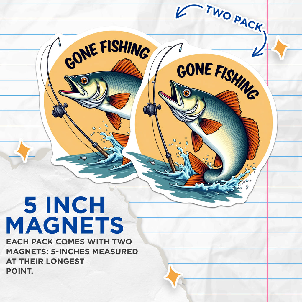 (2 Pack) Gone Fishing Magnets - Angler Man Cave Decor - Fishing Enthusiast Accessories for Dad - 5 Inches On Longest Side - Thick Durable Magnet - Made in USA - MAG36371