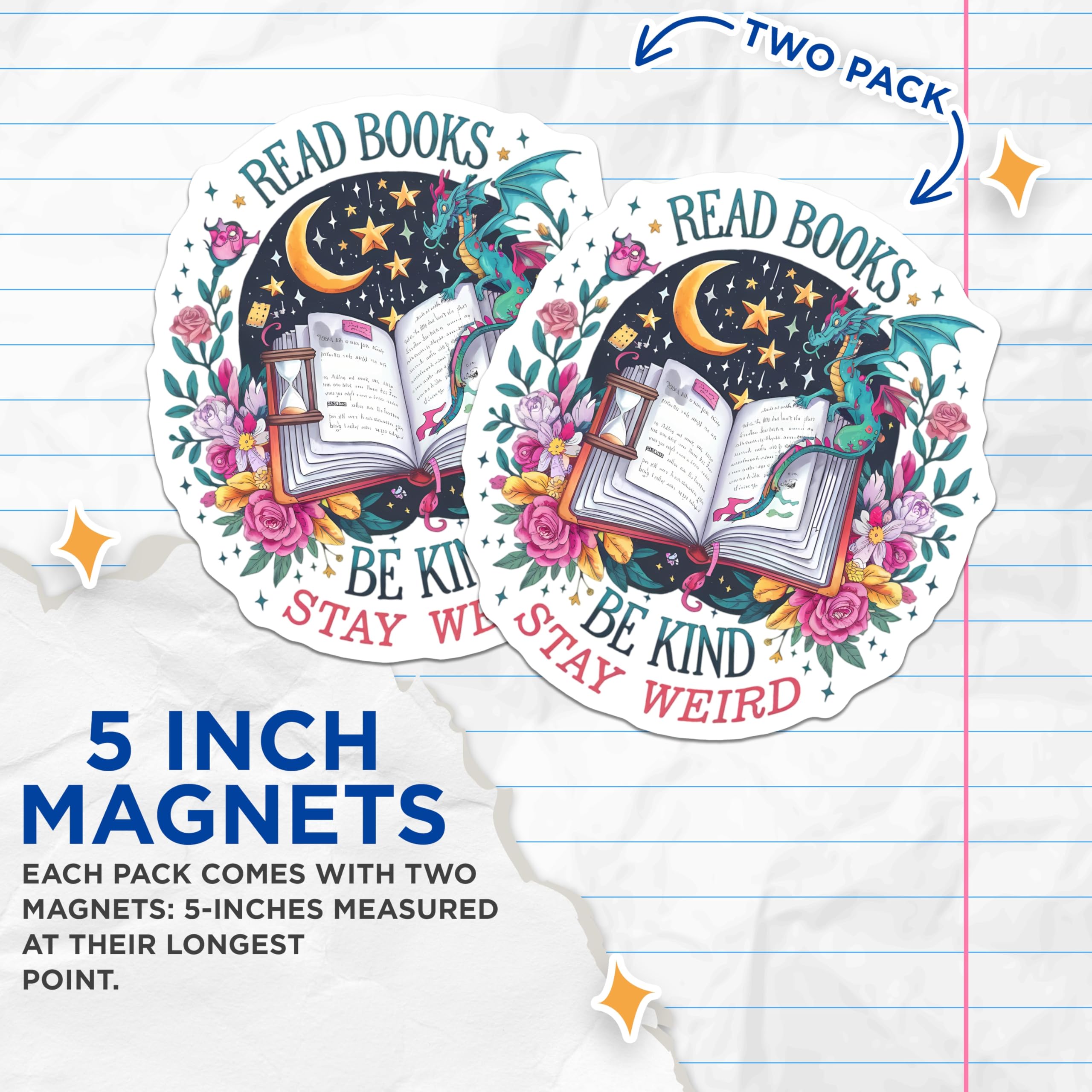 (2 Pack) Book Lover Magnets - Fantasy Dragon Decor - Be Kind Stay Weird - Reading Aesthetic Magnet - Inspirational Quotes - 5 Inches On Longest Side - Thick Durable Magnet - Made in USA - MAG22055