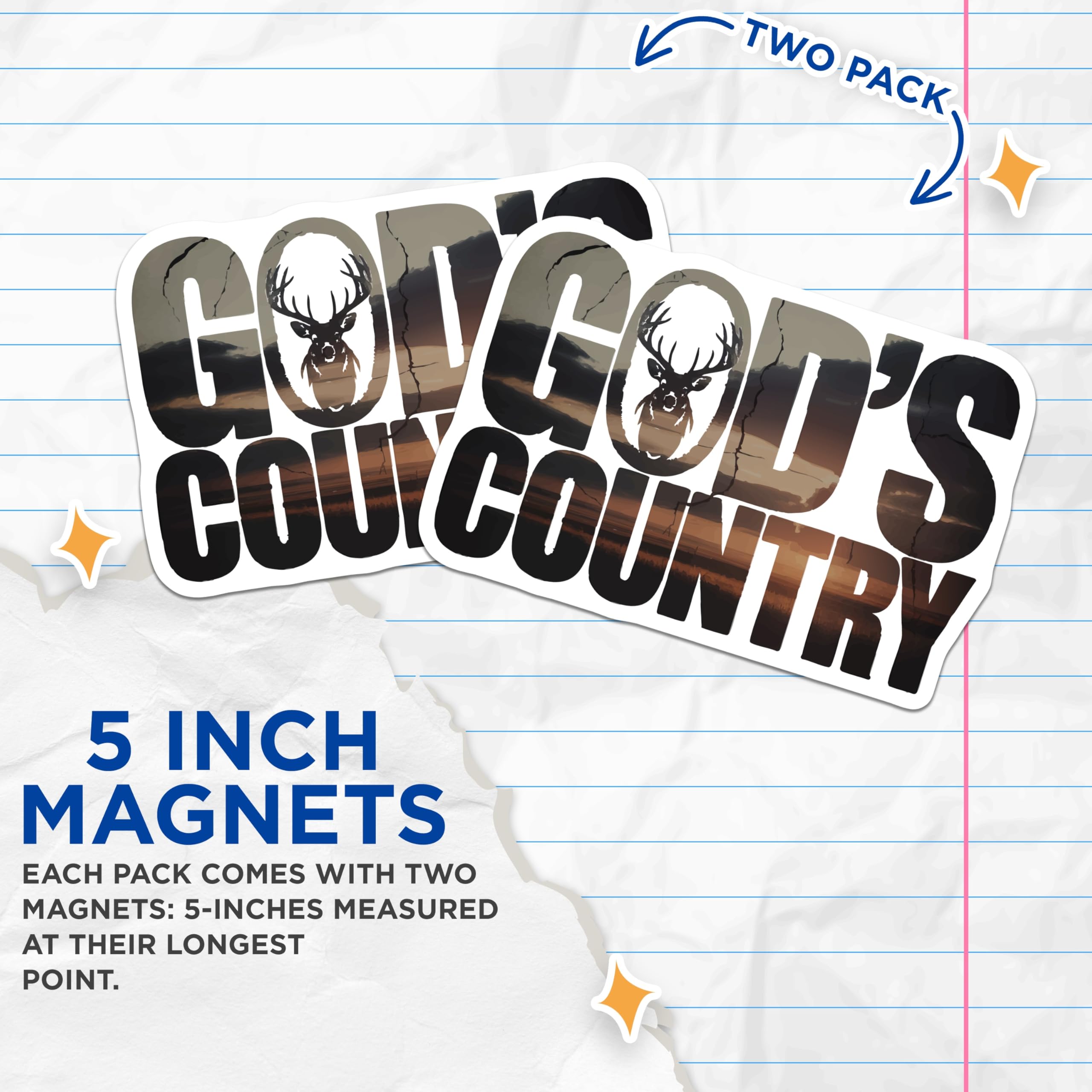 (2 Pack) Gods Country Deer Magnets - Rustic Christian Faith Outdoor Wildlife Decor - Hunter Lodge Cabin Art - 5 Inches On Longest Side - Thick Durable Magnet - Made in USA - MAG22983