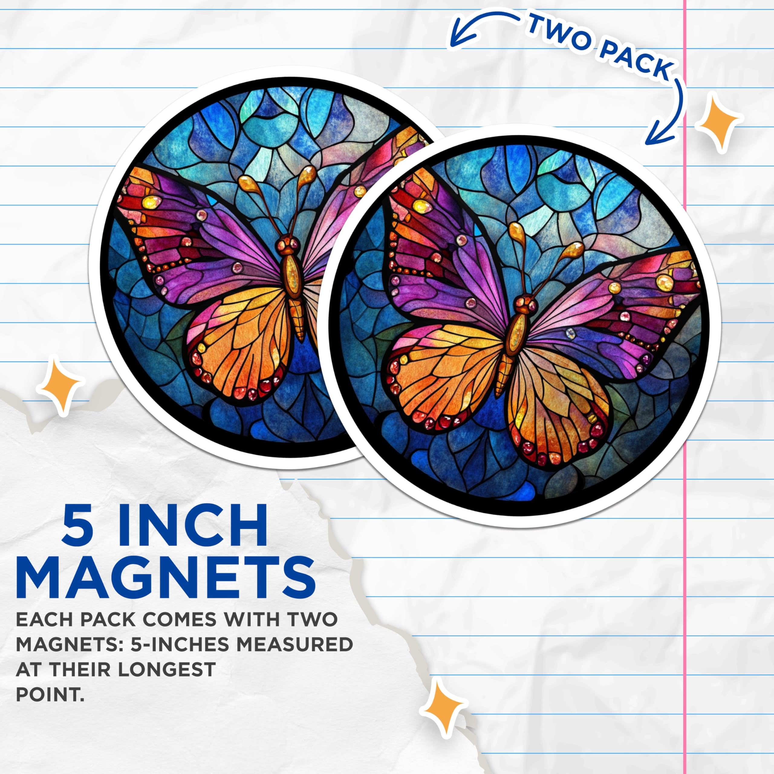 (2 Pack) Stained Glass Butterfly Magnets - Colorful Fridge Decor - Nature Inspired Art Accent - 5 Inches On Longest Side - Thick Durable Magnet - Made in USA - MAG25353