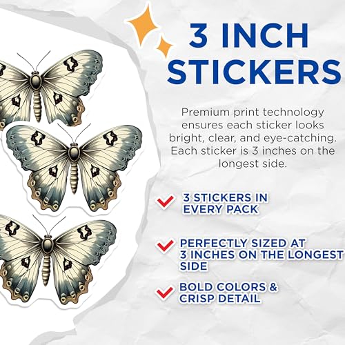 (3 Pack) Butterfly Decals - Insect Stickers - Laptop Decal - Vintage Style - 3 Inches On Longest Side - Easy Peel & Apply - Made in USA - 3MCS2169