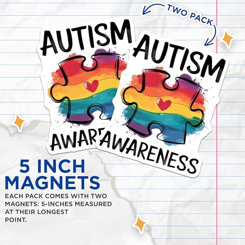 (2 Pack) Puzzle Piece Design Magnet - Rainbow Heart Artwork - 5" On Longest Side - Sticks to Smooth Flat Surfaces - Made in USA - MAG10055