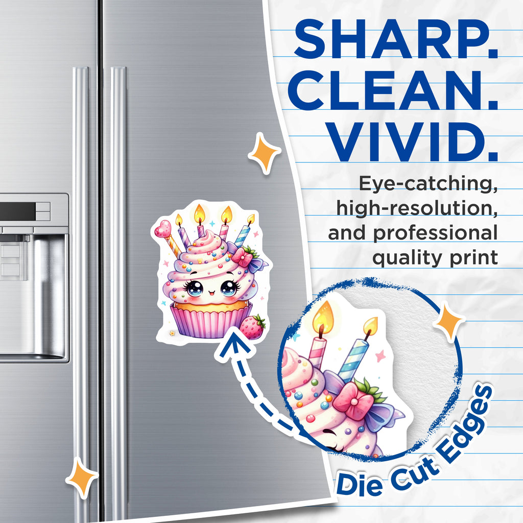 (2 Pack) Birthday Cupcake Magnets - Kawaii Sweet Treat - Cute Party Favor Refrigerator Decor - 5 Inches On Longest Side - Thick Durable Magnet - Made in USA - MAG36309