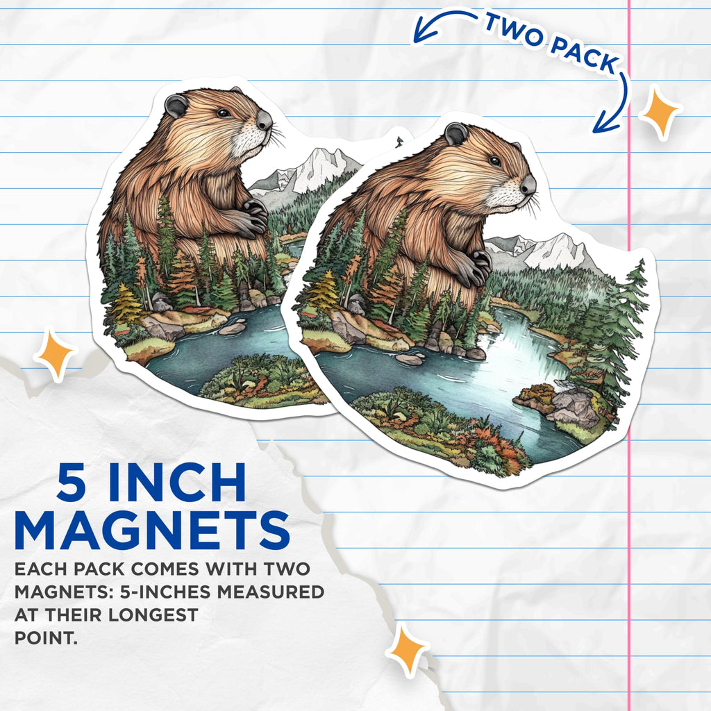 (2 Pack) Beaver Nature Magnets - Forest Lake Art - Wildlife Home Decor - 5" On Longest Side - Premium Magnet - for Cars, Refrigerators, Toolboxes, Lockers - Made in USA - MAG15058